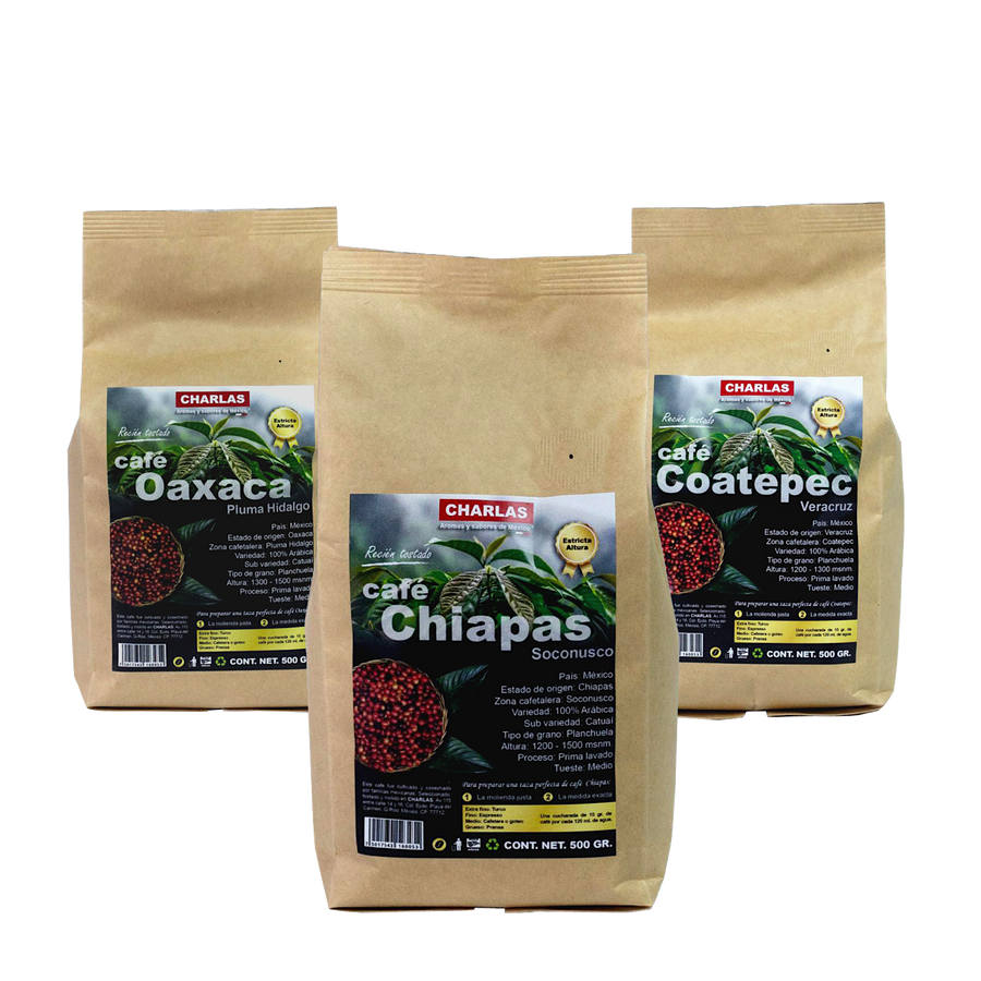 SET l 3 Bolsas de 500 grs. Café Chiapas/Oaxaca/Veracruz - Charlas Café®