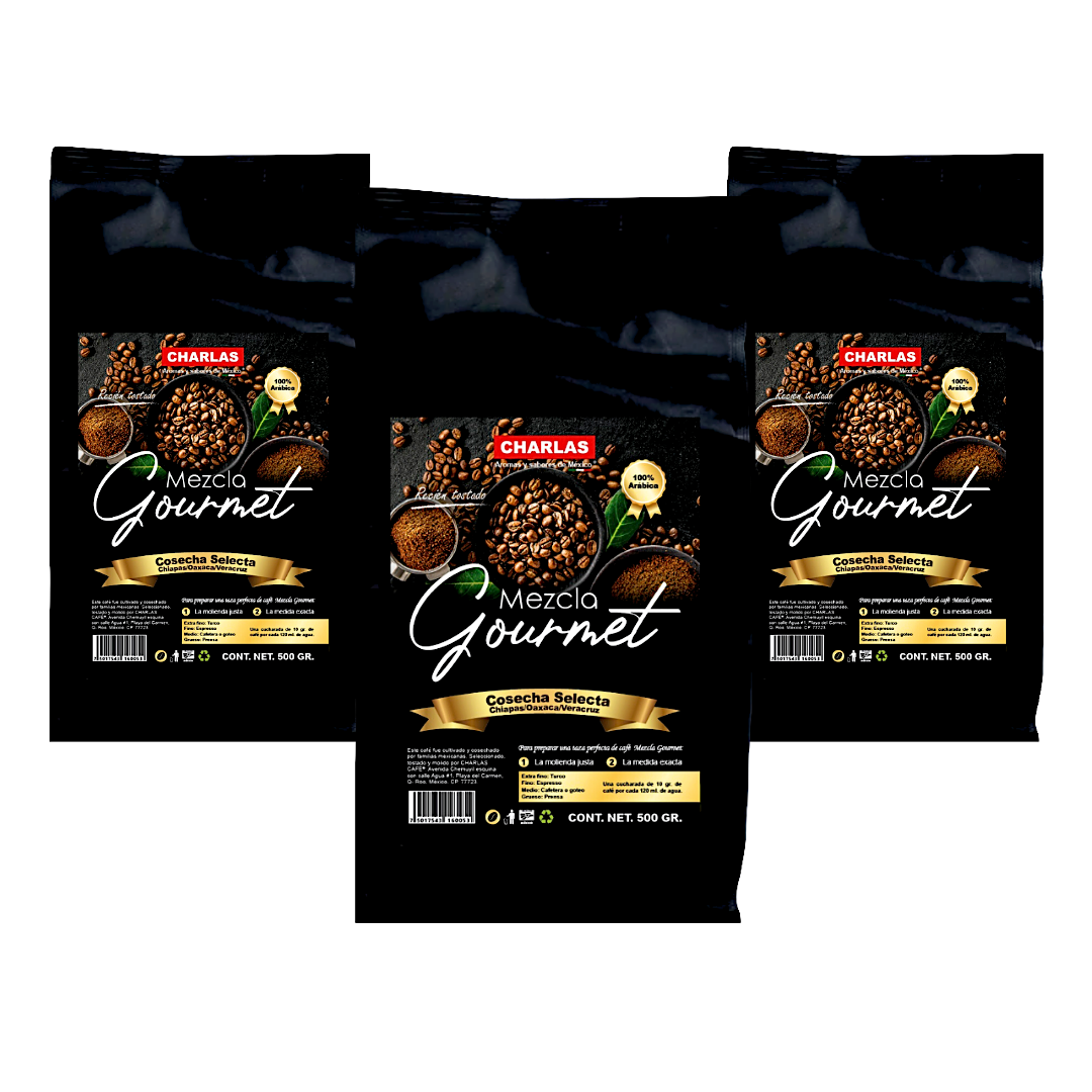 SET l 3 Bolsas de 500 gr. Mezcla Gourmet Cosecha Selecta 100% Arábica. - Charlas Café®