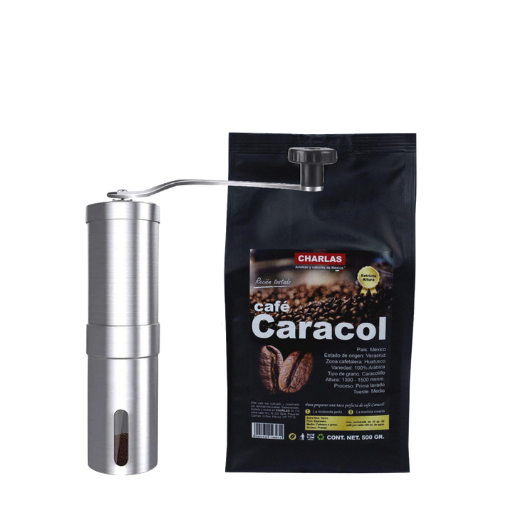 SET l Café Caracolillo de 500 grs y Molino Manual de Acero Inox. - Charlas Café®