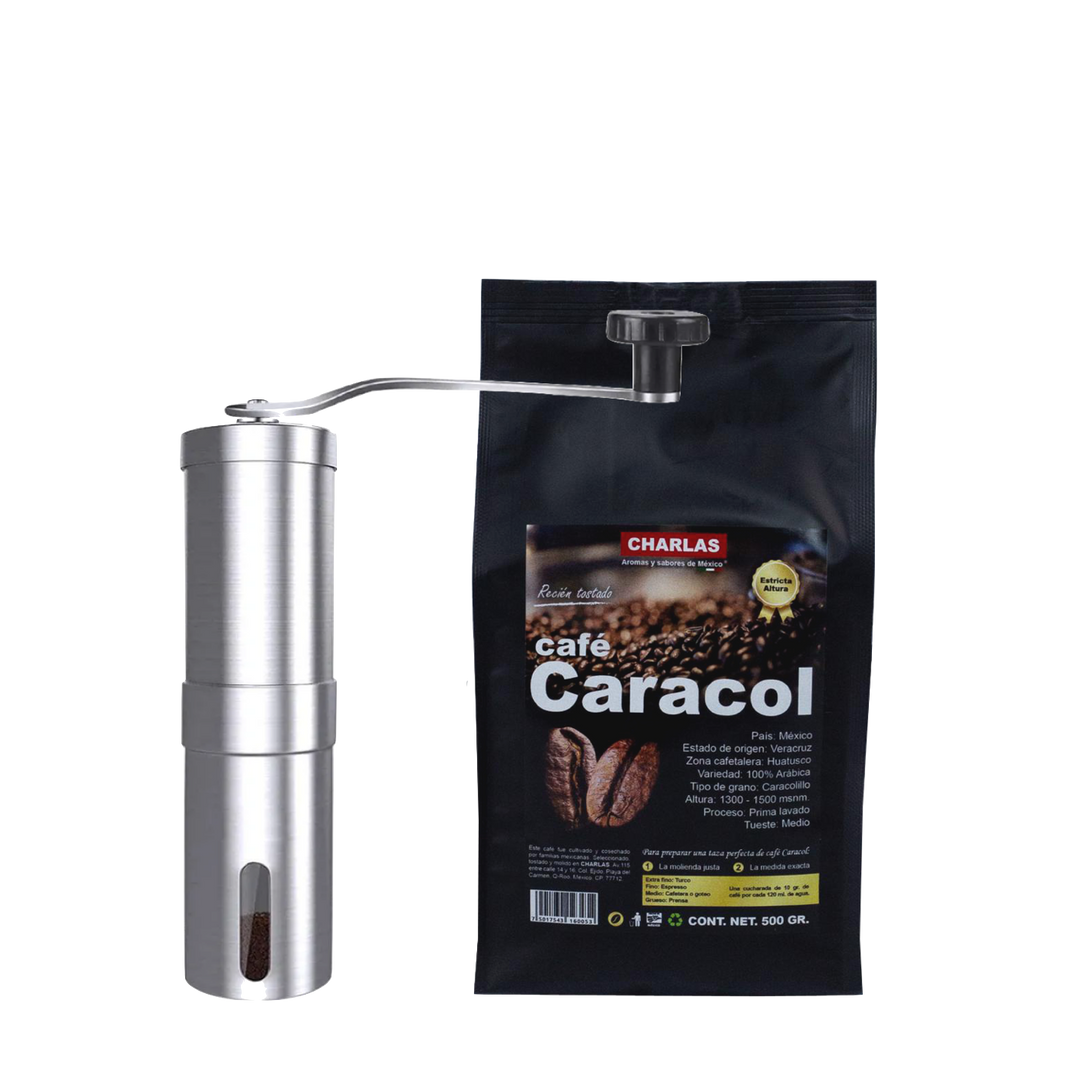 SET l Café Caracolillo de 500 grs y Molino Manual de Acero Inox. - Charlas Café®