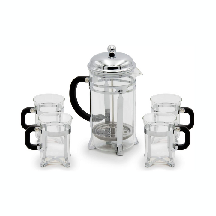 SET de prensa francesa de acero inoxidable de 1lt. con 4 tazas de vidrio de 200 ml. MAKOMHOME® - Charlas Café®